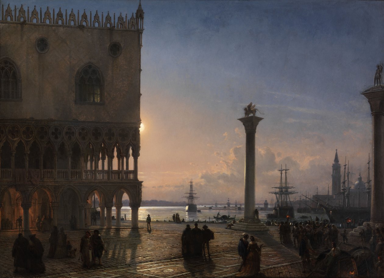 Een maanlicht uitzicht op het Piazza San Marco richting San Giorgio Maggiore door Friedrich Nerly