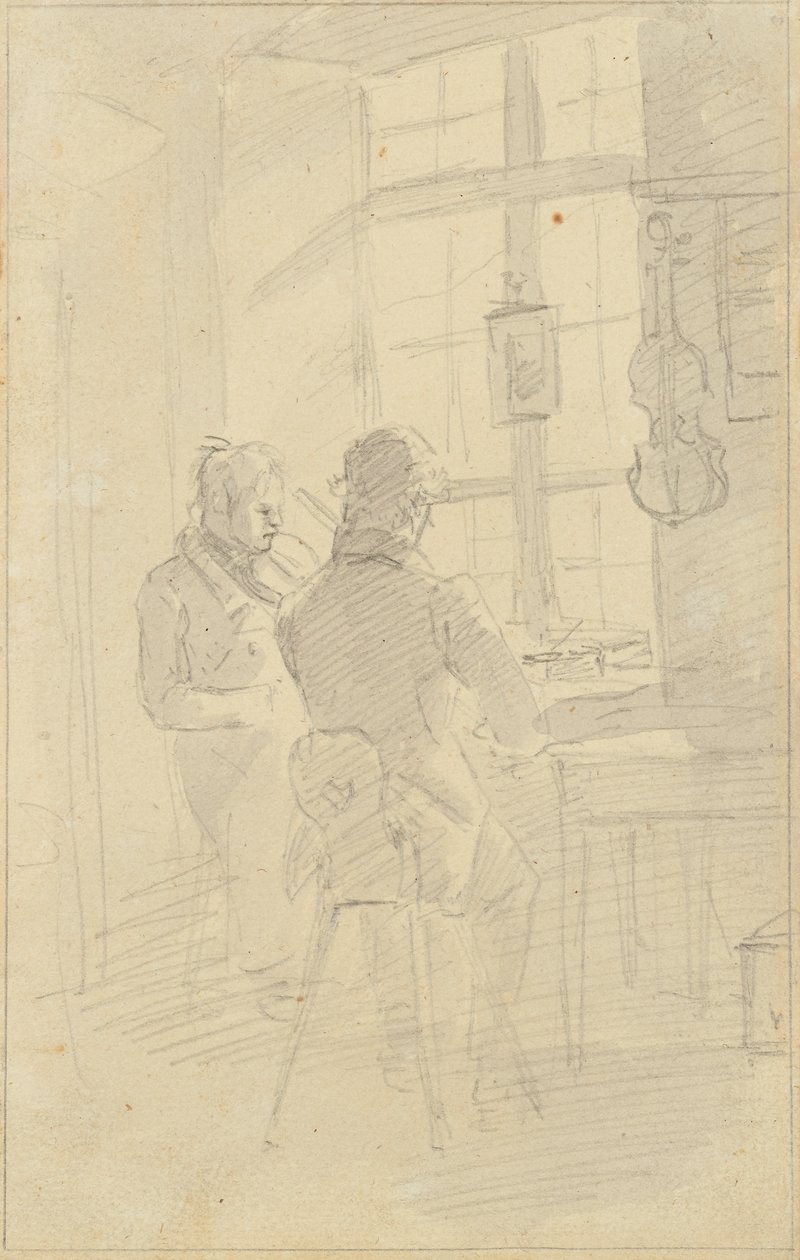 Twee mannen die viool spelen door Friedrich August Mathias Gauermann