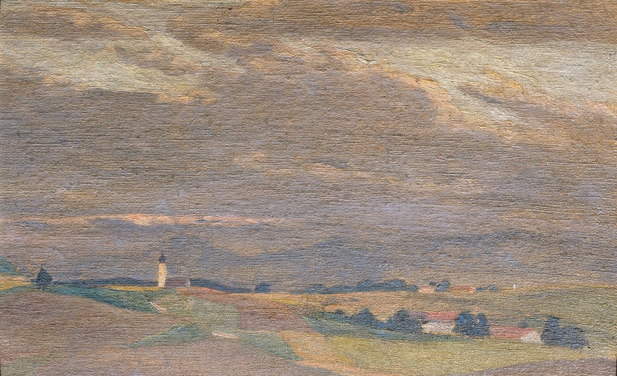 Avondlandschap met kerktoren door Friedrich Hasslwander