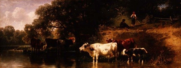 Vee dat drinkt in een bosrijk landschap door Friedrich Johann Voltz