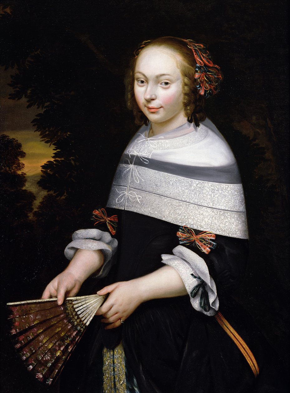 Een portret van een jong meisje met een waaier, een landschap daarachter, ca. 1650 door Friesian School
