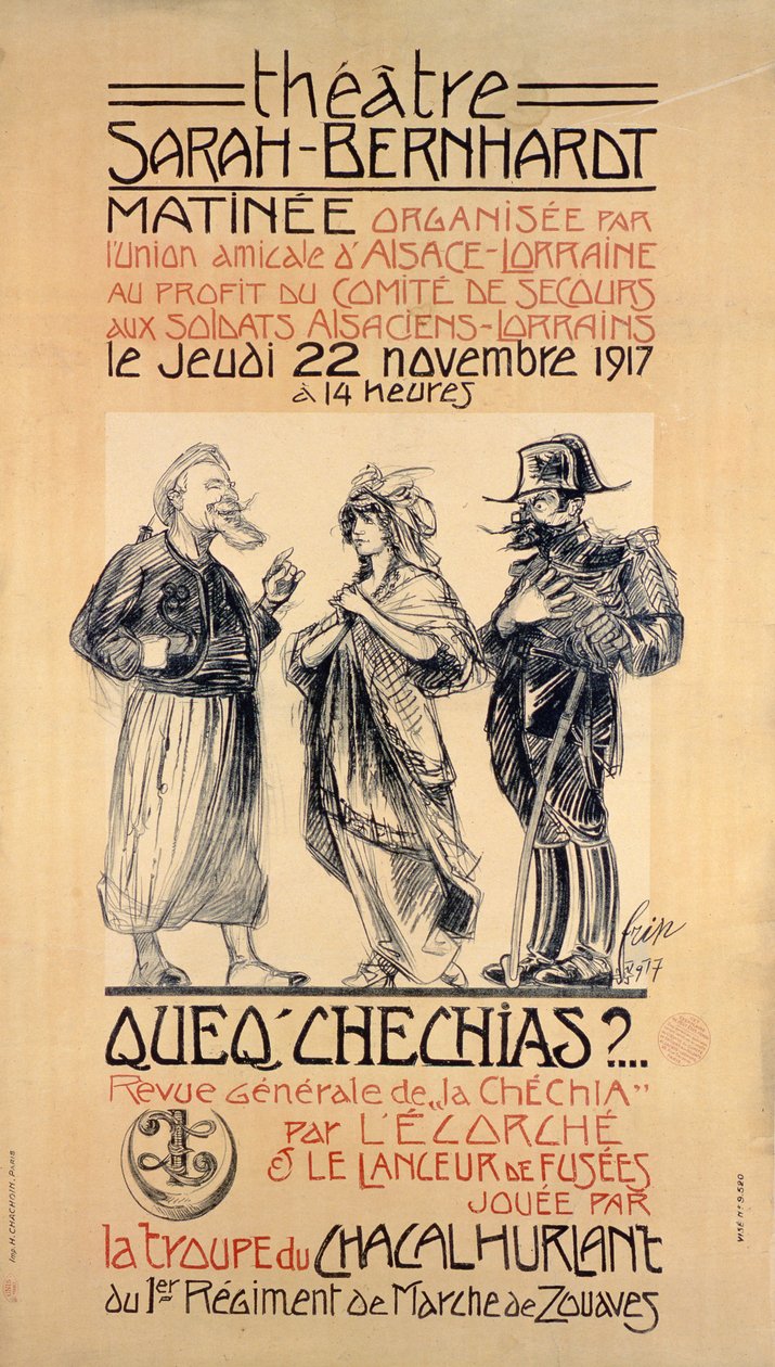 Poster die een Benefit Matinée voorstelling in het Sarah Bernhardt Theater, Parijs, adverteert om soldaten uit de Elzas-Lotharingen te helpen door Frip