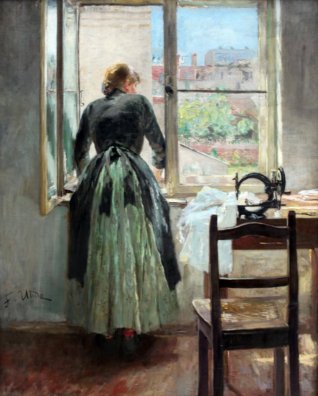 Aan het Raam (Naaister die uit een Raam Kijkt) door Fritz von Uhde