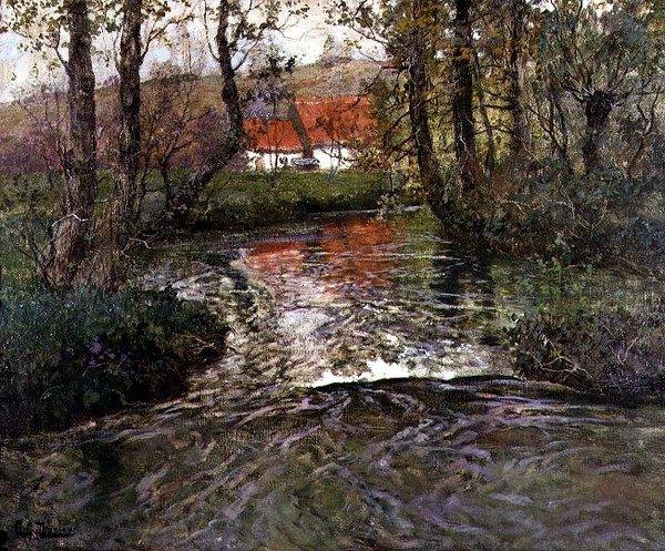 Gebouw aan de rivier door Fritz Thaulow