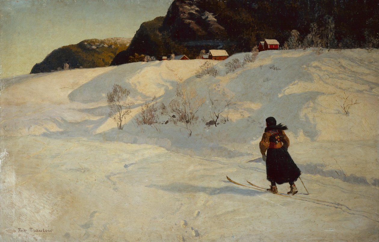 Winterscène met een Skiër door Fritz Thaulow