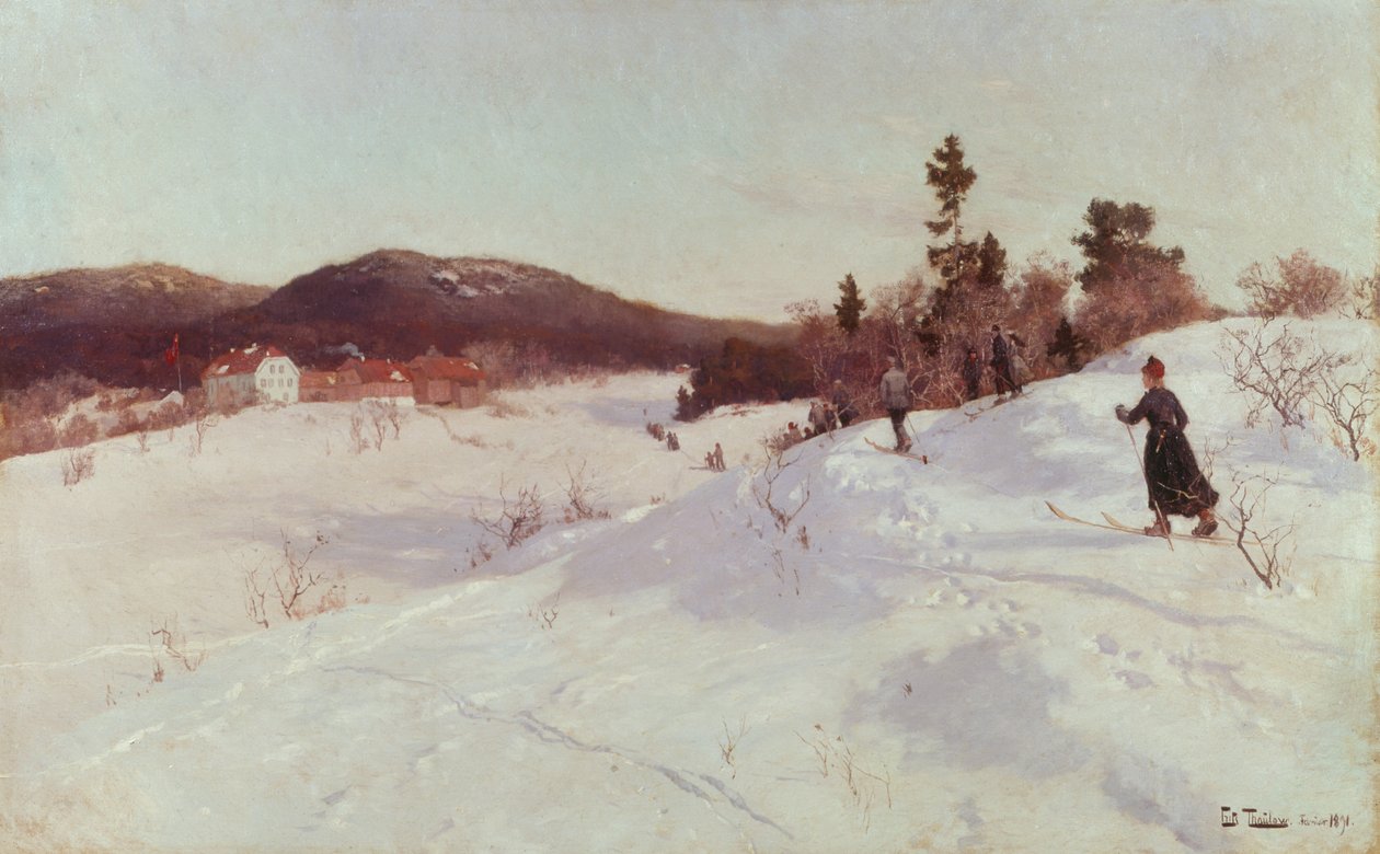 Winter met skiër door Fritz Thaulow