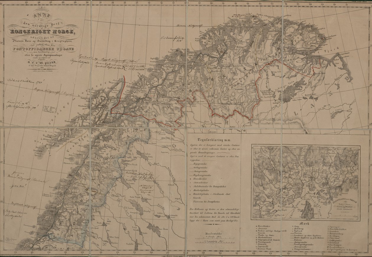 Kaart uit de Kaartencollectie van de Nationale Bibliotheek. De kaart is uitgegeven in Bergen (1839) en toont Noord-Noorwegen door G Prahl
