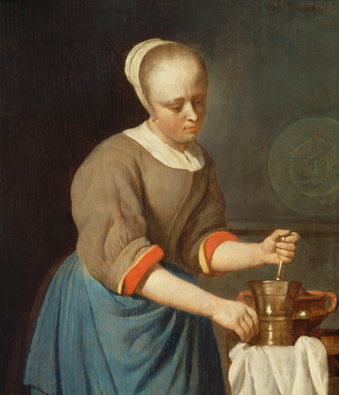 Jong meisje met een vijzel en stamper door Gabriel Metsu