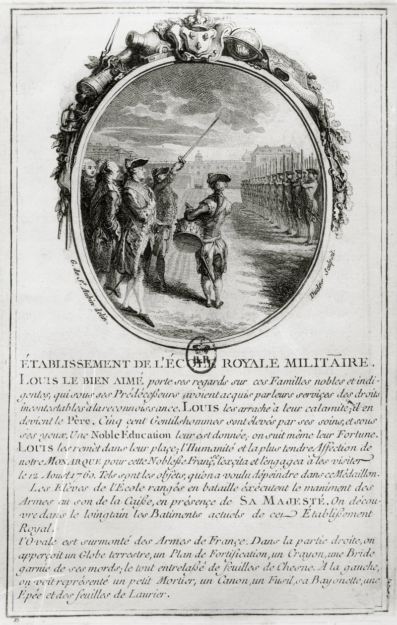 Louis XV bezoekt de Ecole Militaire in Parijs, 12 augustus 1760, gegraveerd door Antoine Duclos door Gabriel de Saint Aubin
