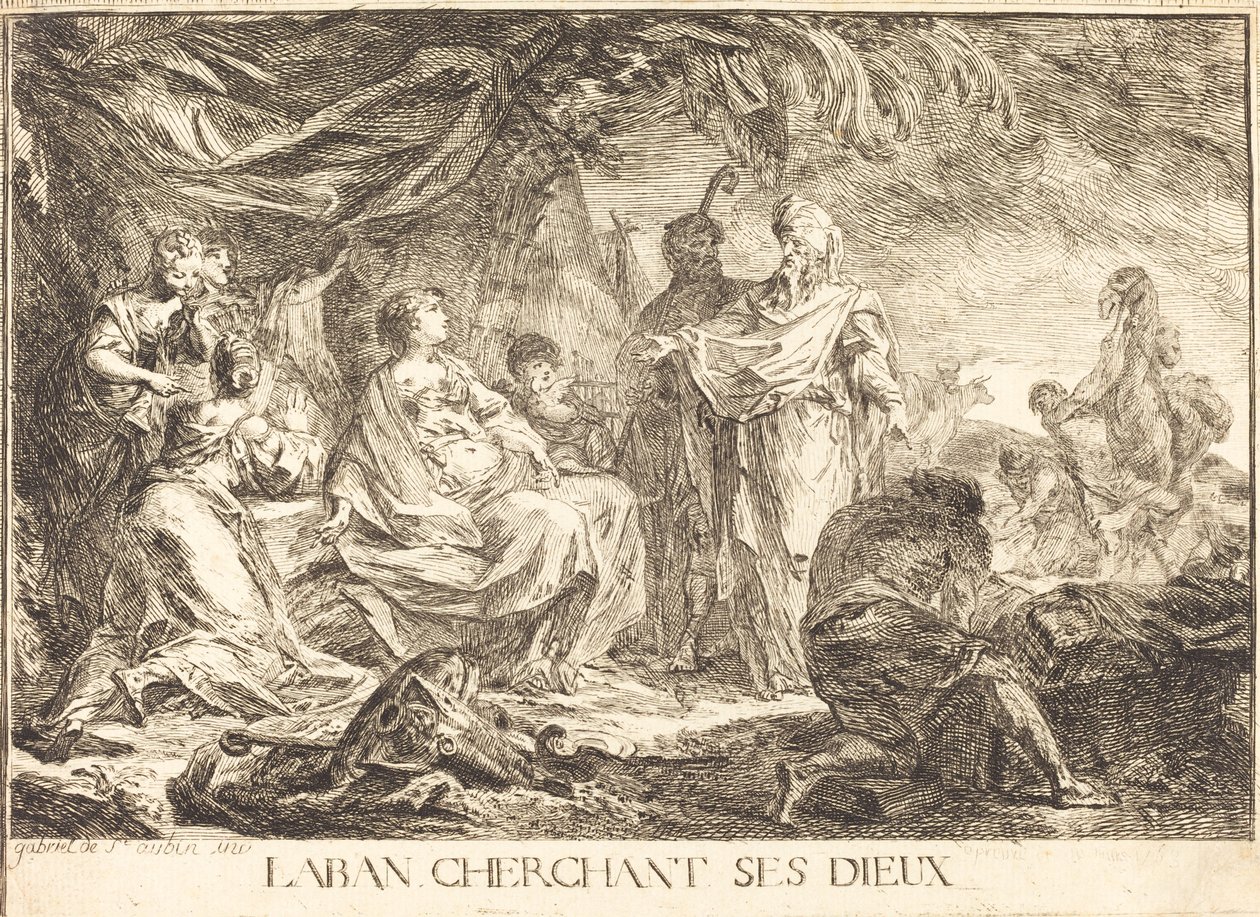 Laban zoekt zijn Goden door Gabriel Jacques de Saint Aubin