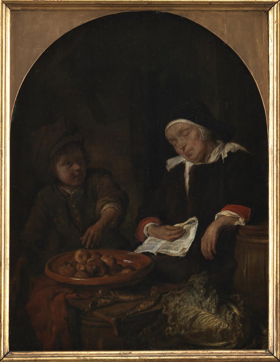 Een vrouw die fruit en haringen verkoopt door Gabriel Metsu