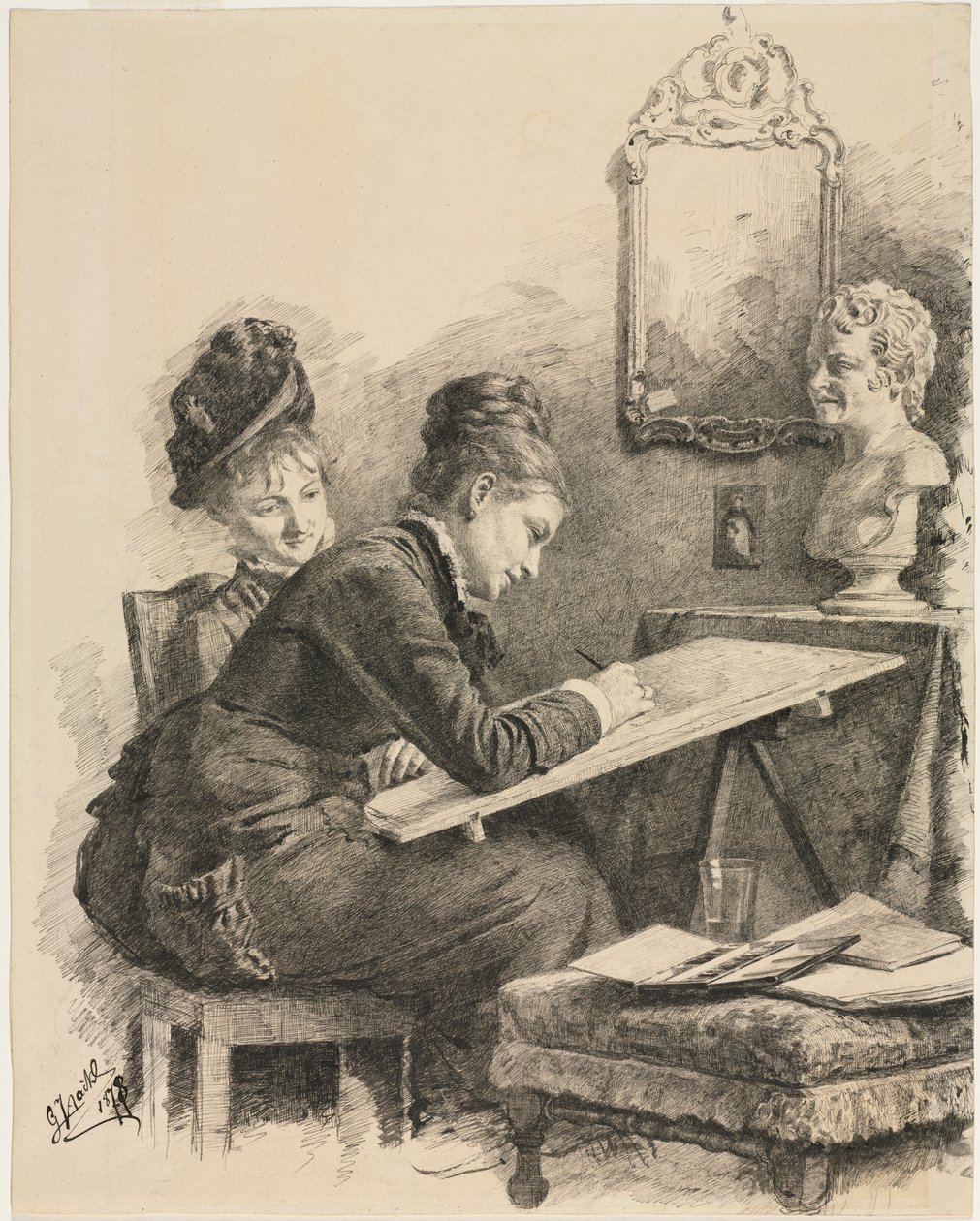 Twee Vrouwen die een Beeldhouwkunst Schetsen, 1878 door Gabriel von Hackl