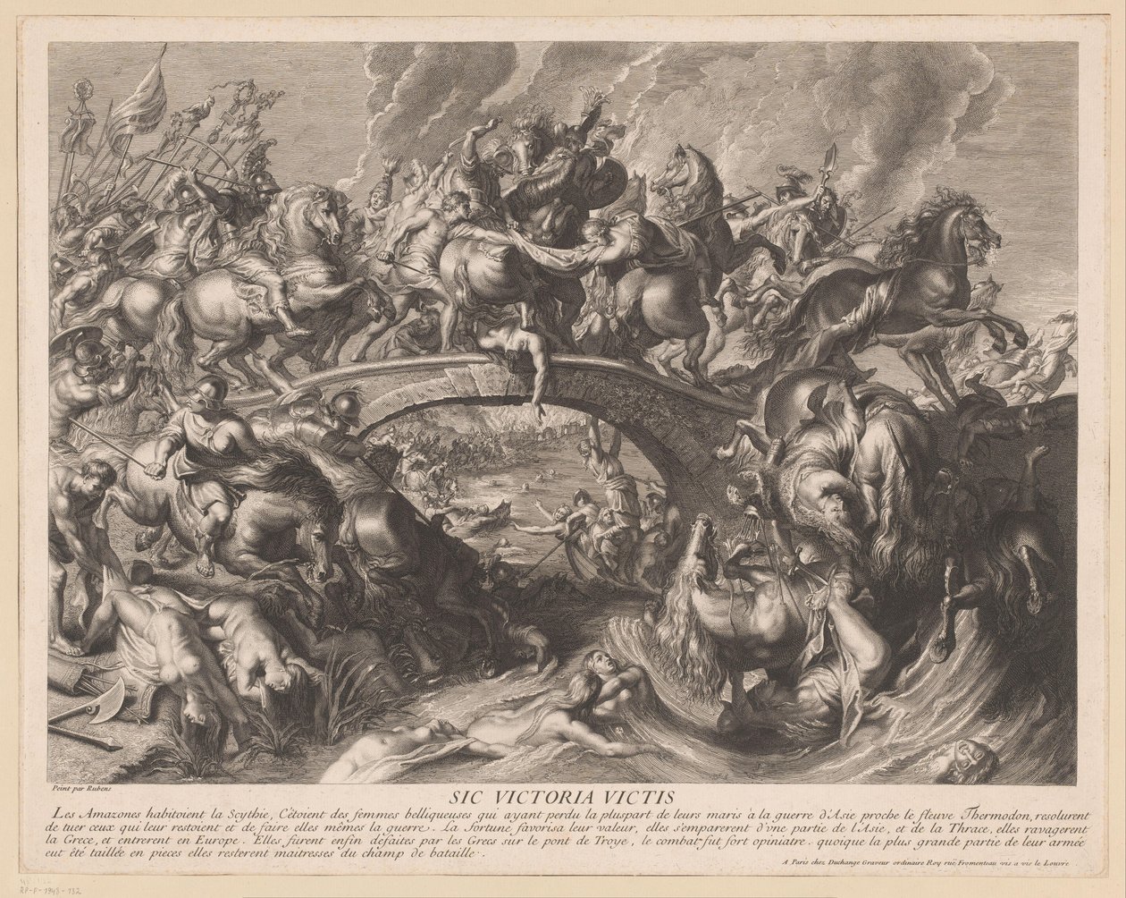 Amazonenslag op een brug door Gaspard Duchange (attributed to)