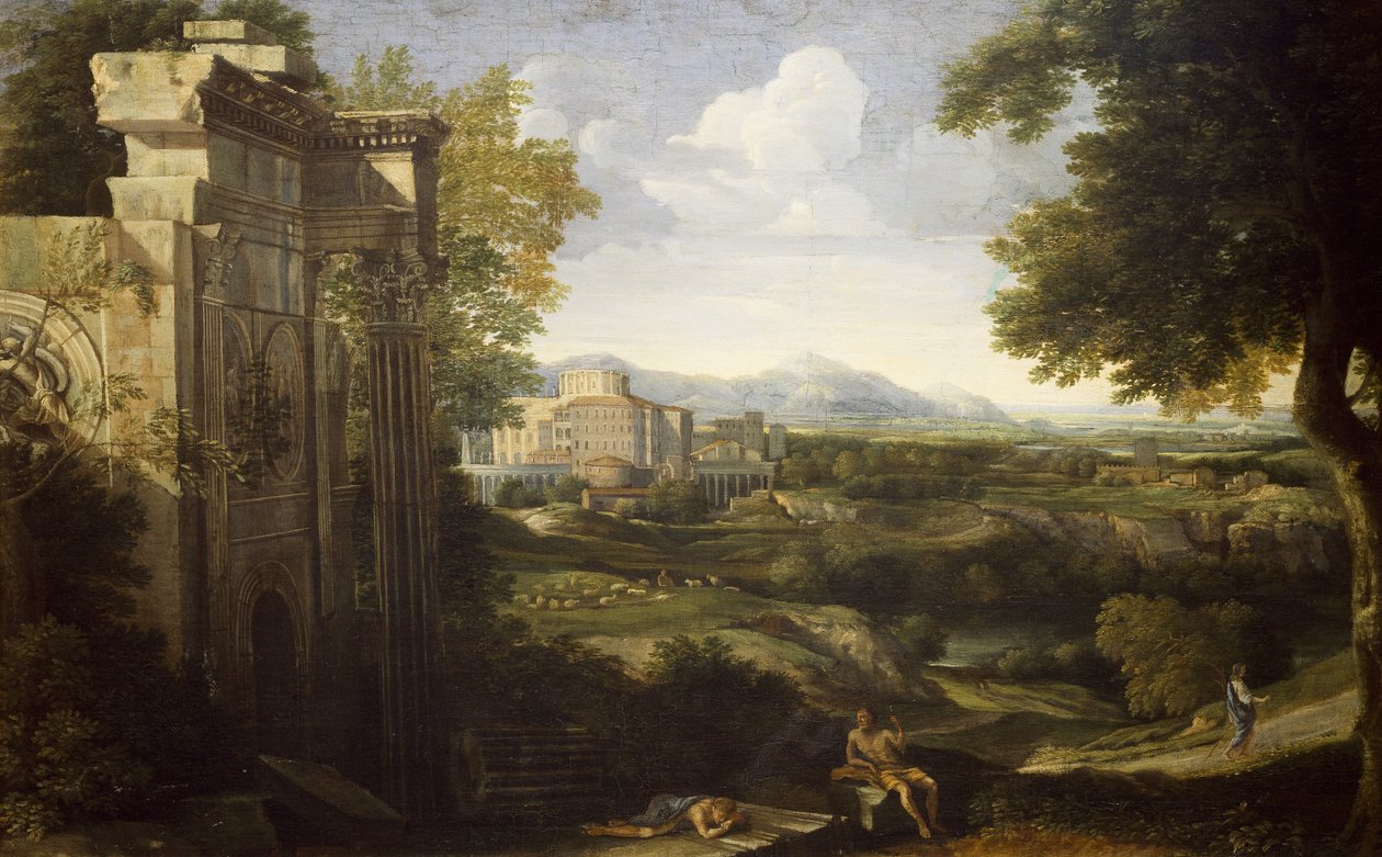 Italiaans landschap met ruïnes door Gaspard Poussin Dughet