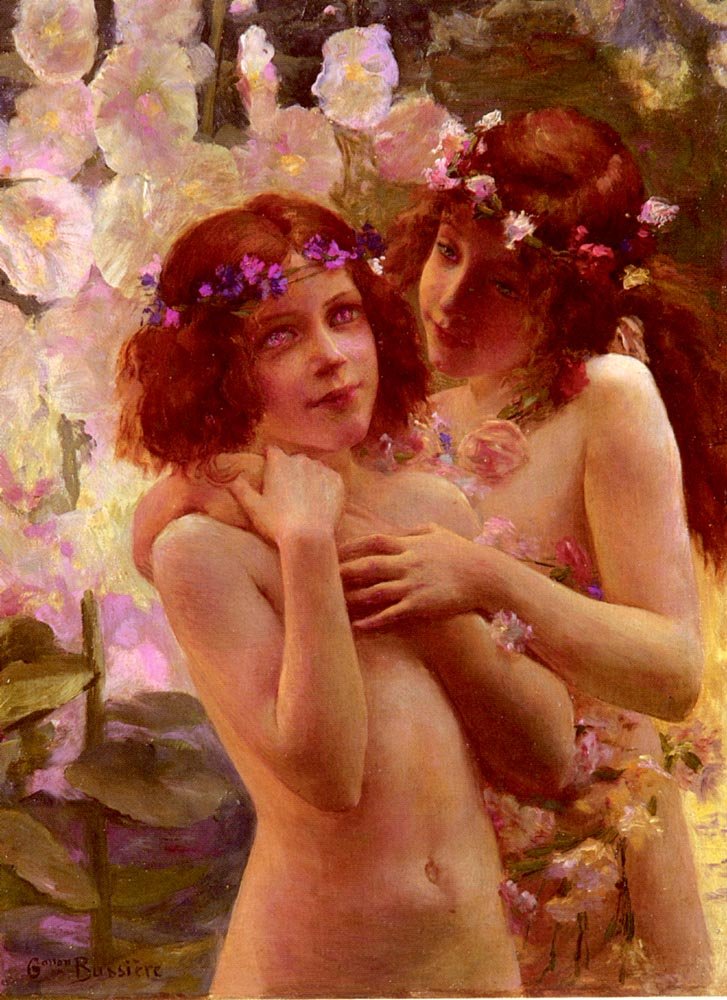 Twee kinderen met bloemenkransen door Gaston Bussiere