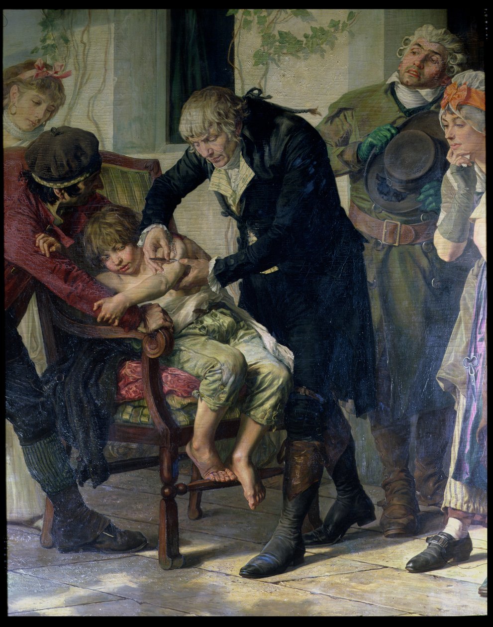 Edward Jenner (1749-1823) voert de eerste vaccinatie tegen pokken uit in 1796, 1879 (detail) door Gaston Melingue