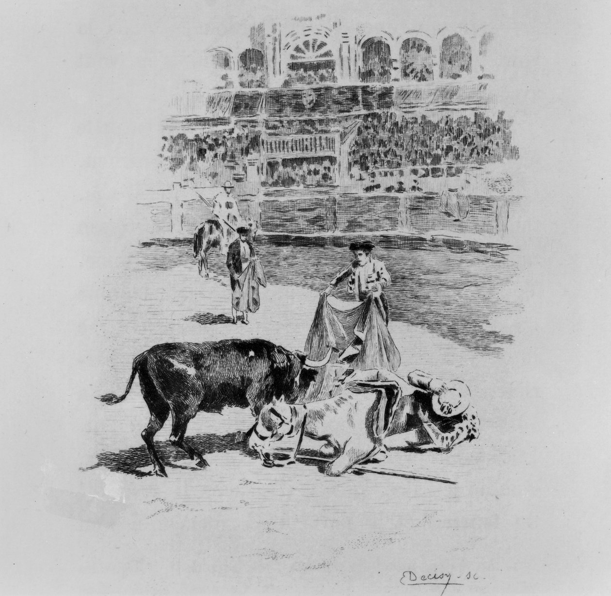 De val van een picador, een illustratie uit Carmen door Prosper Merimee (1803-70) gegraveerd door Eugene Decisy (1866-c.1936) door Gaston Vuillier