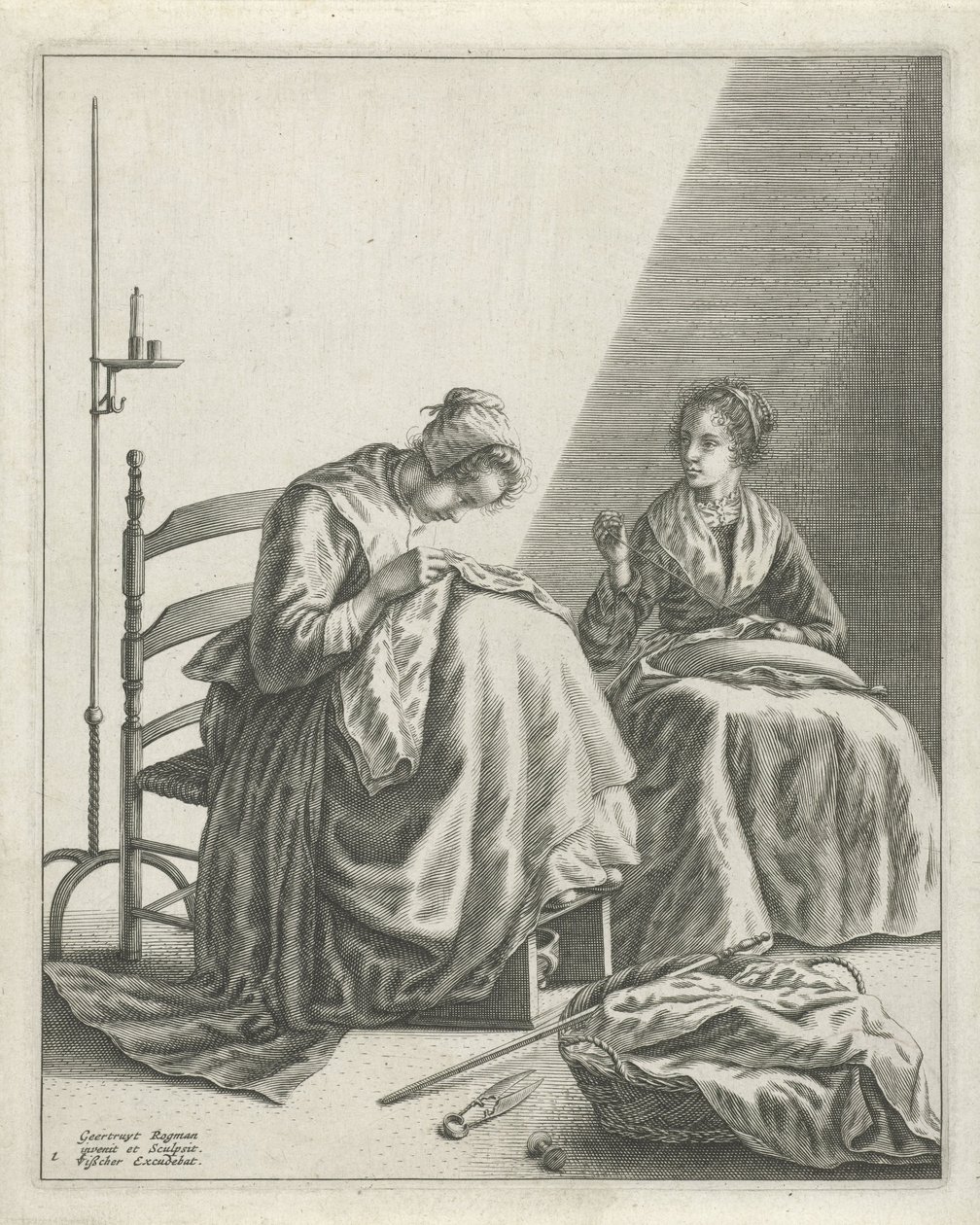 Twee vrouwen aan het naaien door Geertryut Roghman