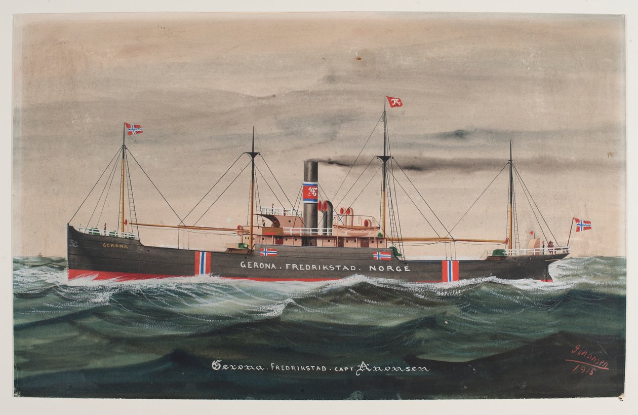 Aquarel met GERONA uit Fredrikstad, Noorwegen. Gesigneerd Joansen door Geo Johansen
