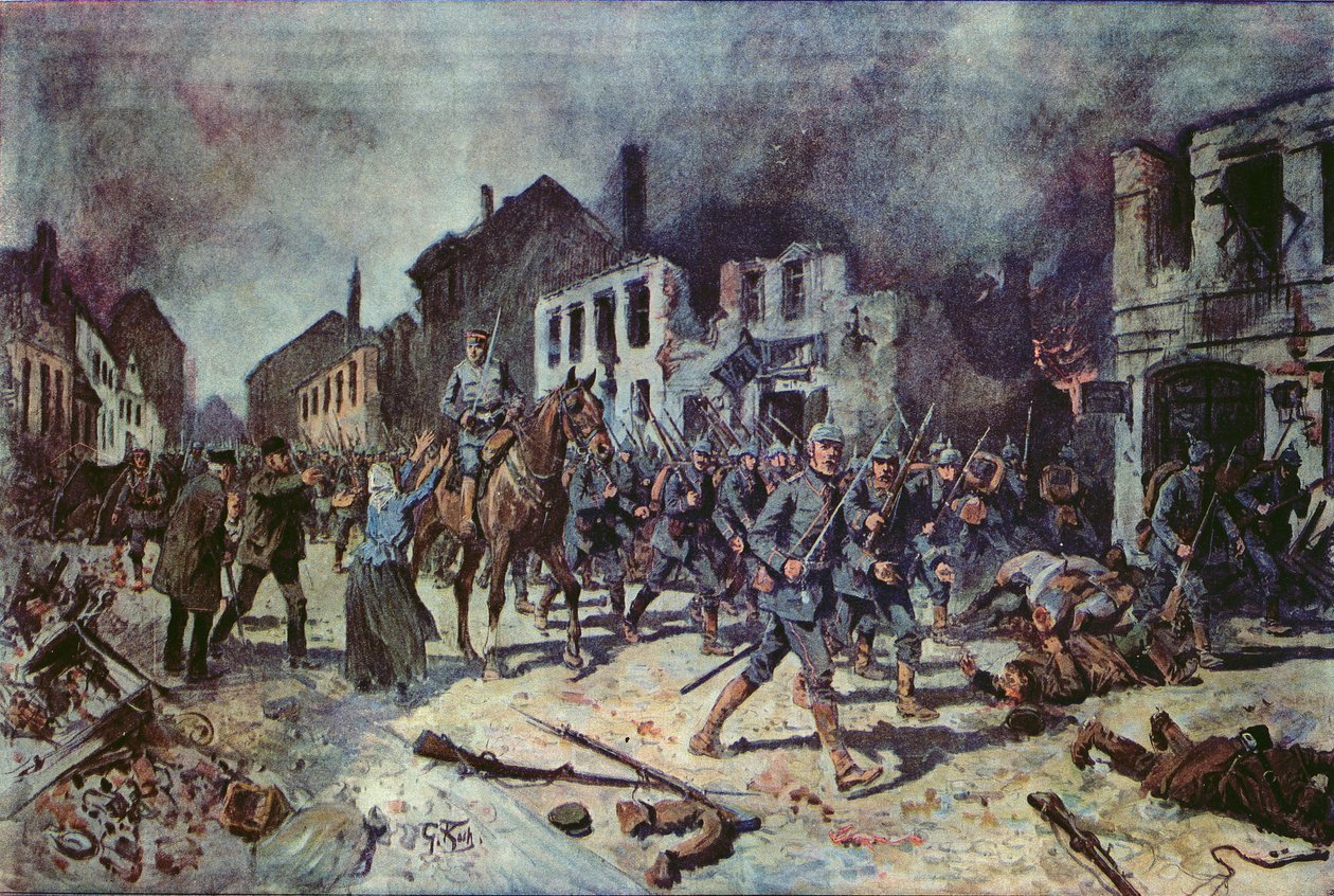 Duitse troepen betreden de stad Ortelsburg tijdens de slag bij Tannenberg, augustus 1914 door Georg Koch