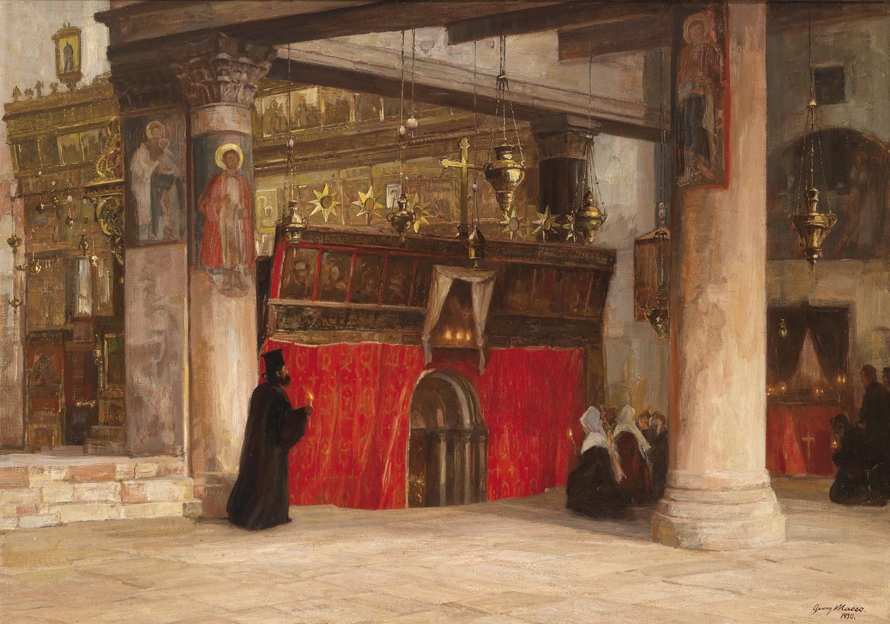 Blik in de Orthodoxe Kerk van Bethlehem door Georg Macco