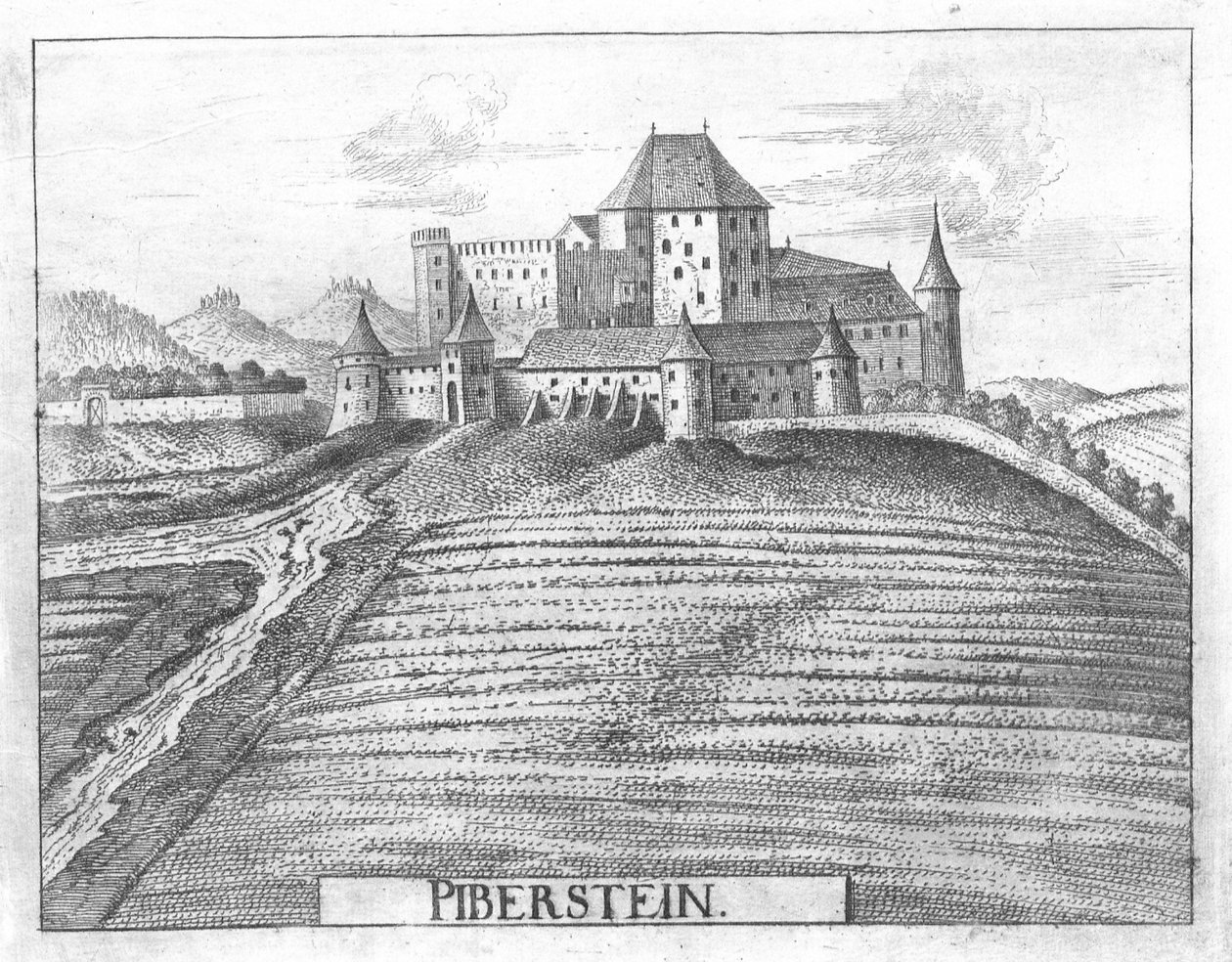 Gravure, uitzicht op kasteel Piberstein, Opper-Oostenrijk door Georg Matthaus Vischer
