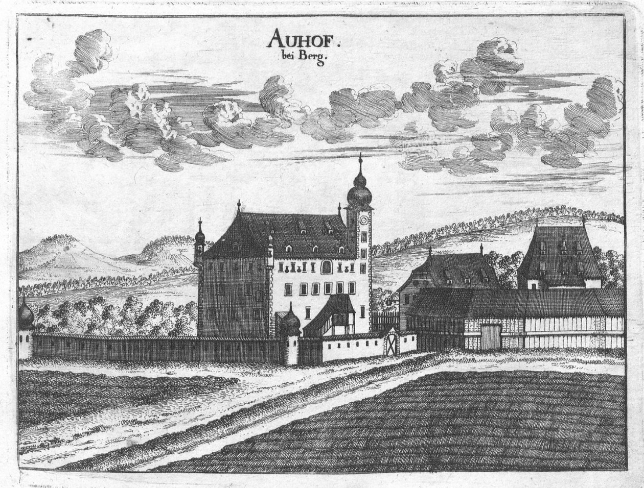 Gravure, uitzicht op kasteel Auhof, Opper-Oostenrijk door Georg Matthaus Vischer
