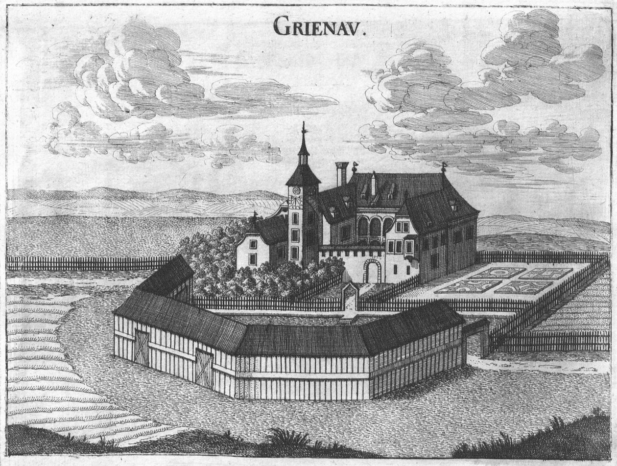 Gravure, uitzicht op kasteel Grünau, Opper-Oostenrijk door Georg Matthaus Vischer