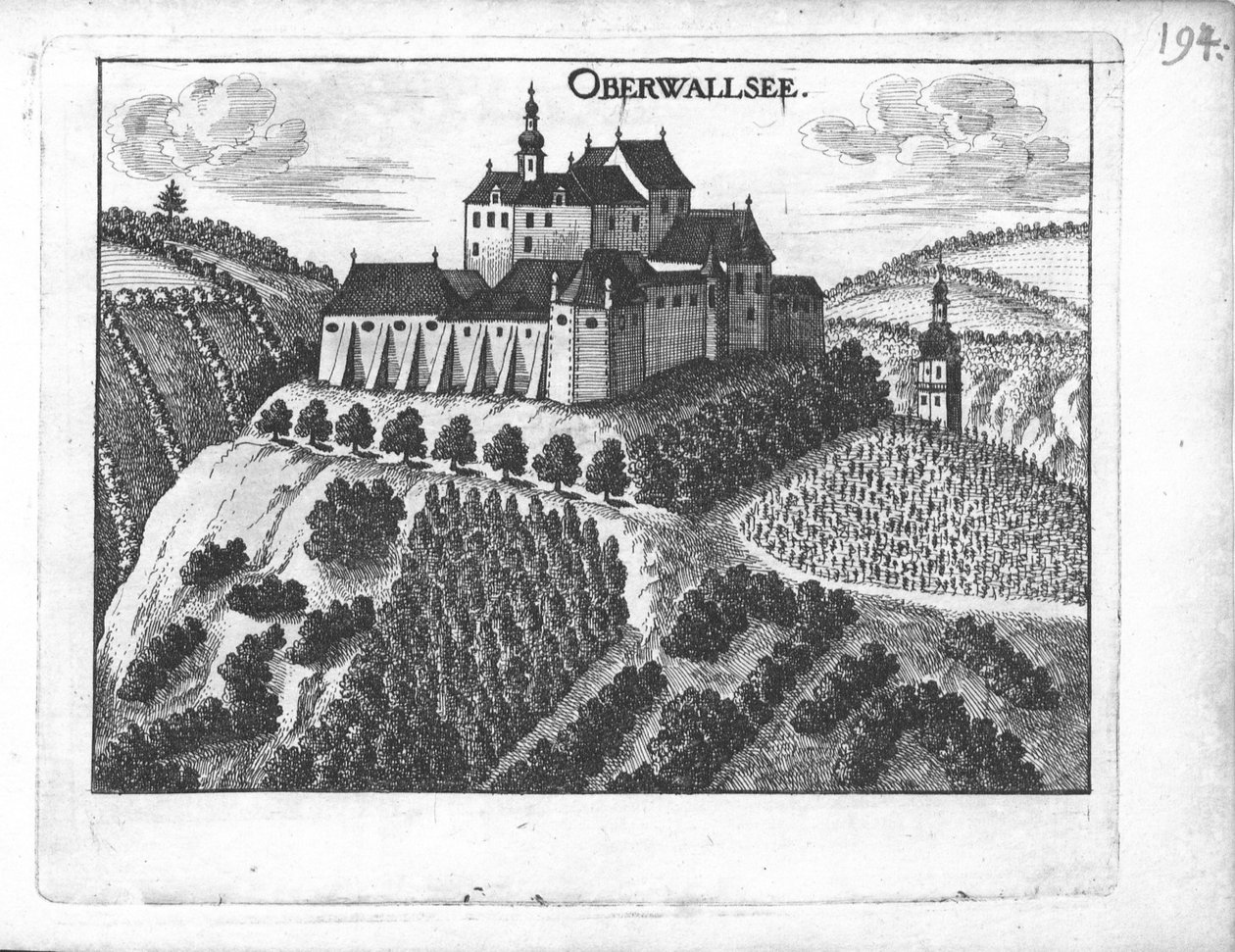 Gravure, uitzicht op kasteel Oberwallsee, Opper-Oostenrijk door Georg Matthaus Vischer