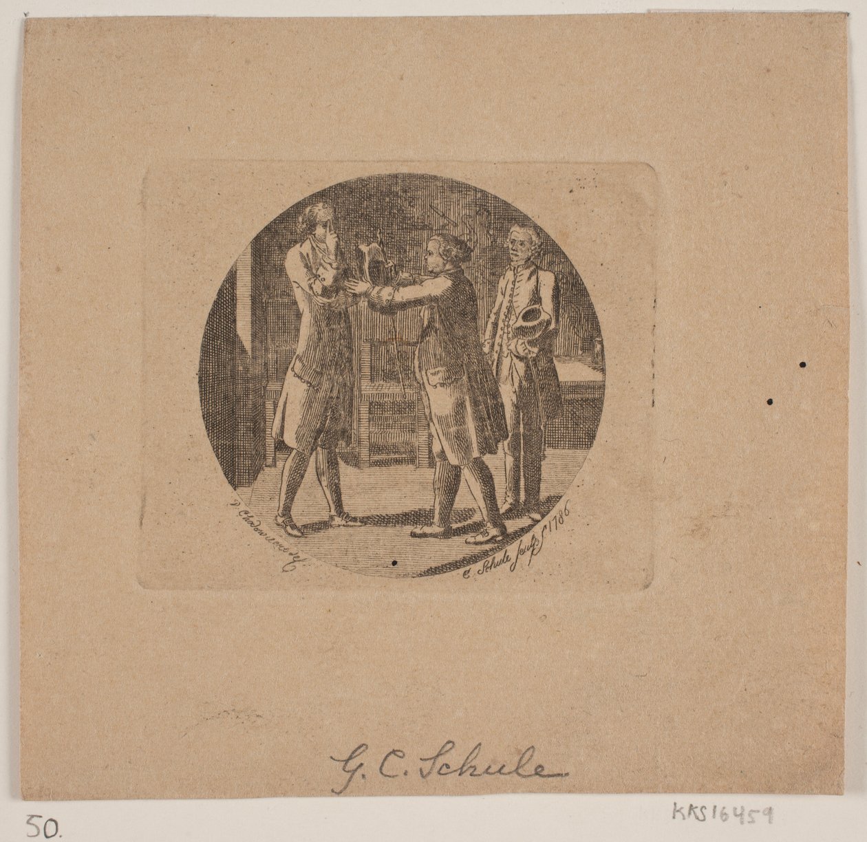 Vignet met Drie Mannen door Georg Christian Schule
