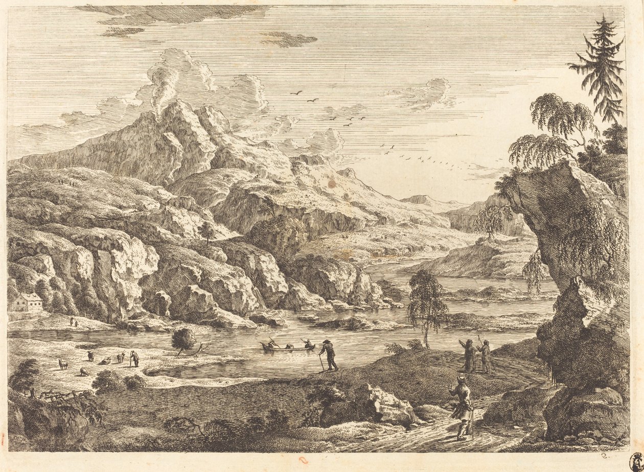 Bergachtig Rivierlandschap met Figuren door Georg Eisenmann