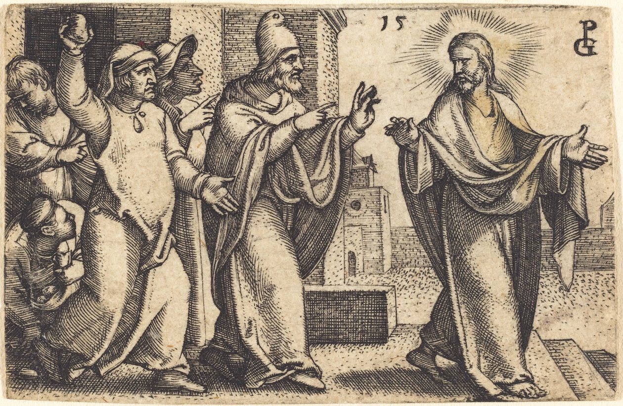 De Farizeeën willen Christus stenigen door Georg Pencz