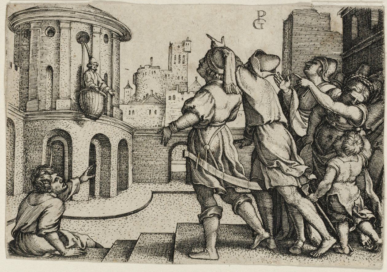 Virgil Opgehangen in een Mand, kopie door Georg Pencz