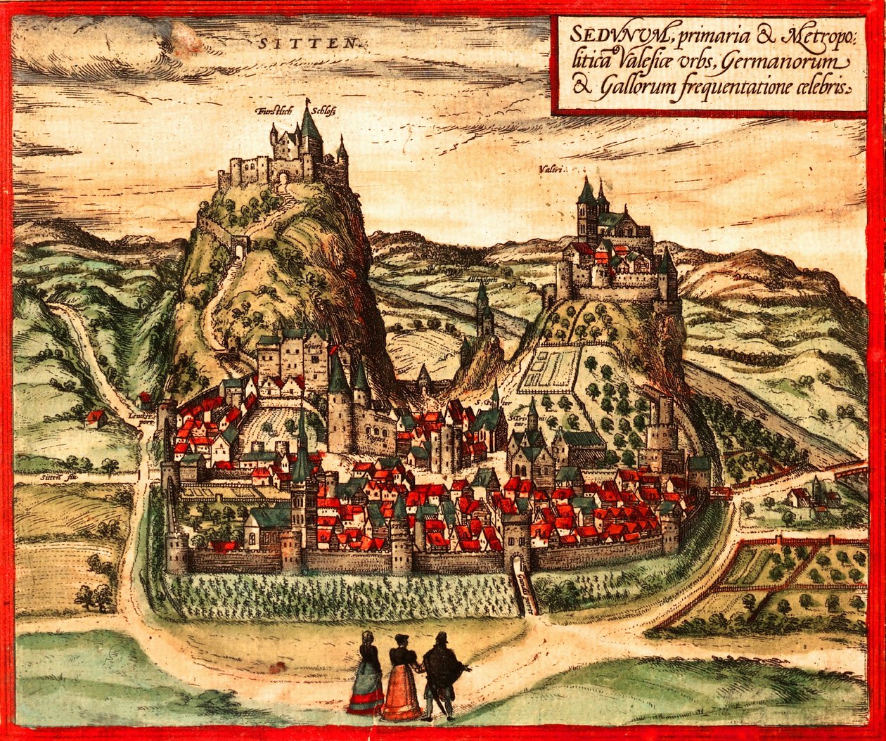 Sion, Zwitserland door Georg and Hogenberg Franz (1535 90) Braun