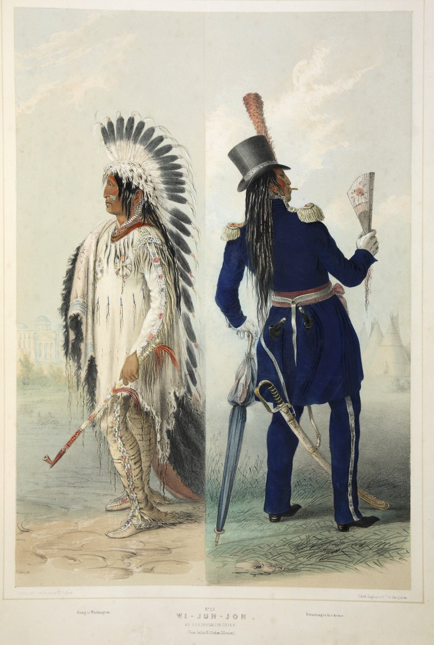Wi-Jun-Jon, een Assinneboin Hoofd, uit Catlins North American Indian Portfolio. Hunting Scenes and Amusements of the Rocky Mountains and Prairies of America, pub. 1845 door George Catlin