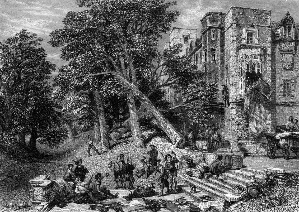 Vernietiging van het eigendom van royalisten, gegraveerd door R. Wallis, c.1860s door George Cattermole