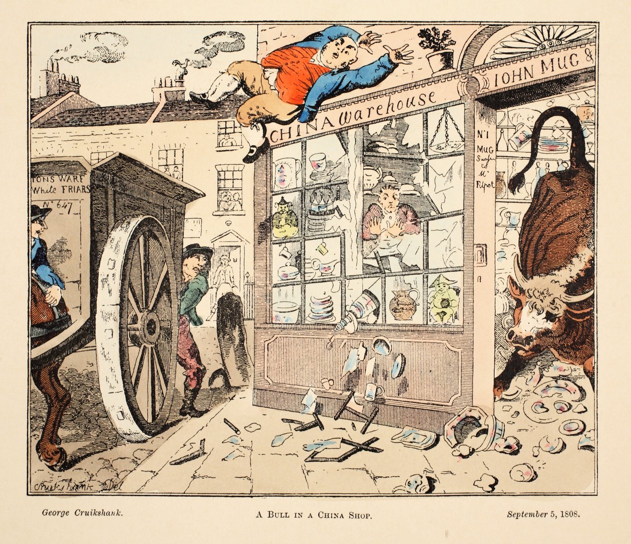 Een Stier in een Porseleinkast, pub. 1808 door George Cruikshank