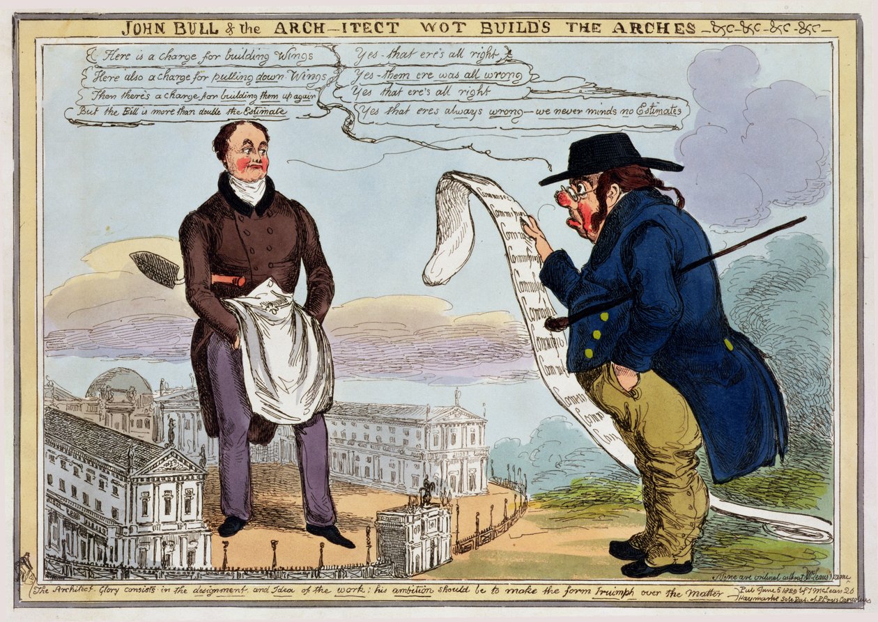 John Bull en de architect die de bogen bouwt - Cartoon gepubliceerd 1829 door George Cruikshank