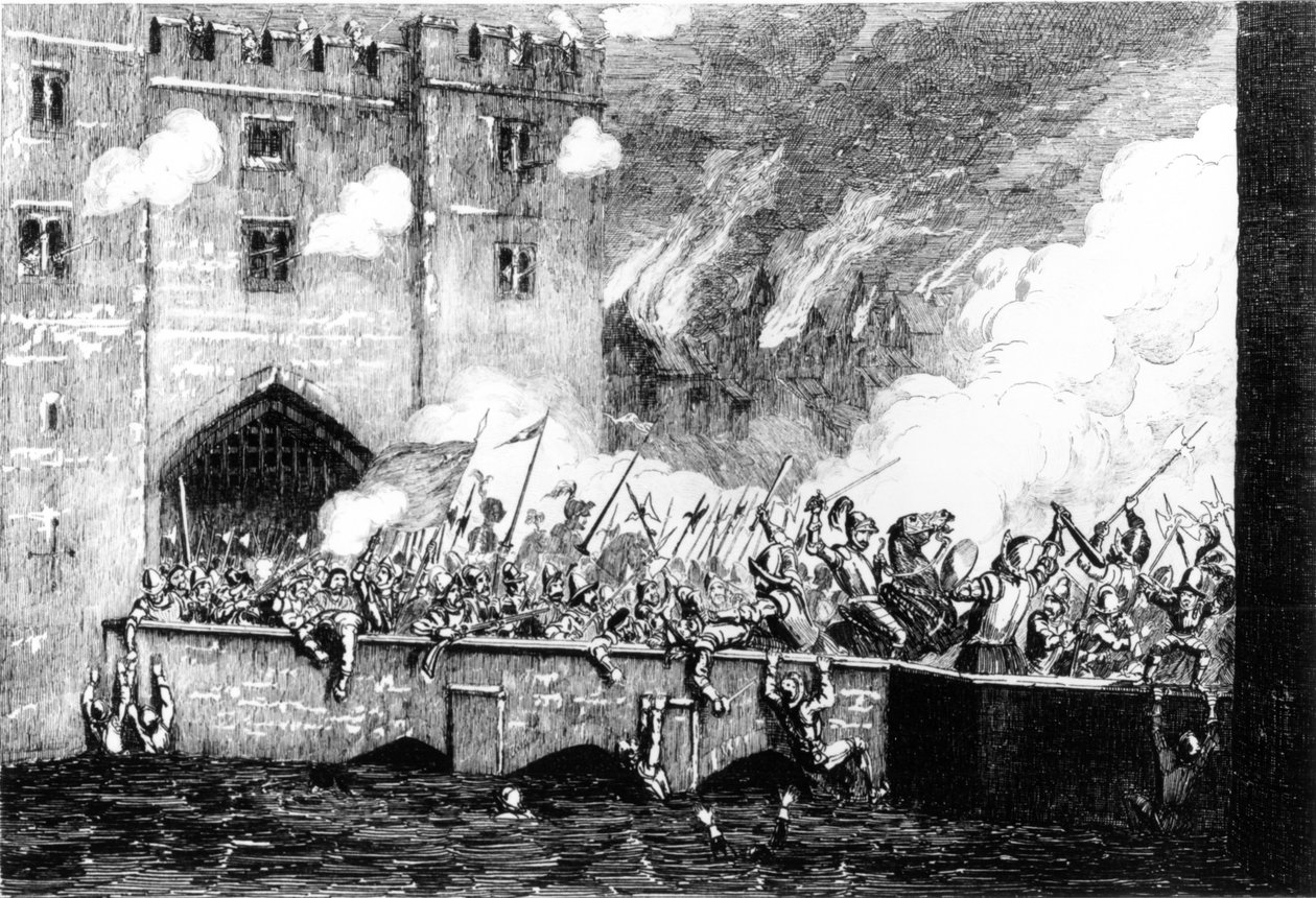 Sir Thomas Wyatt (c.1521-54) valt de Byward Tower aan door George Cruikshank