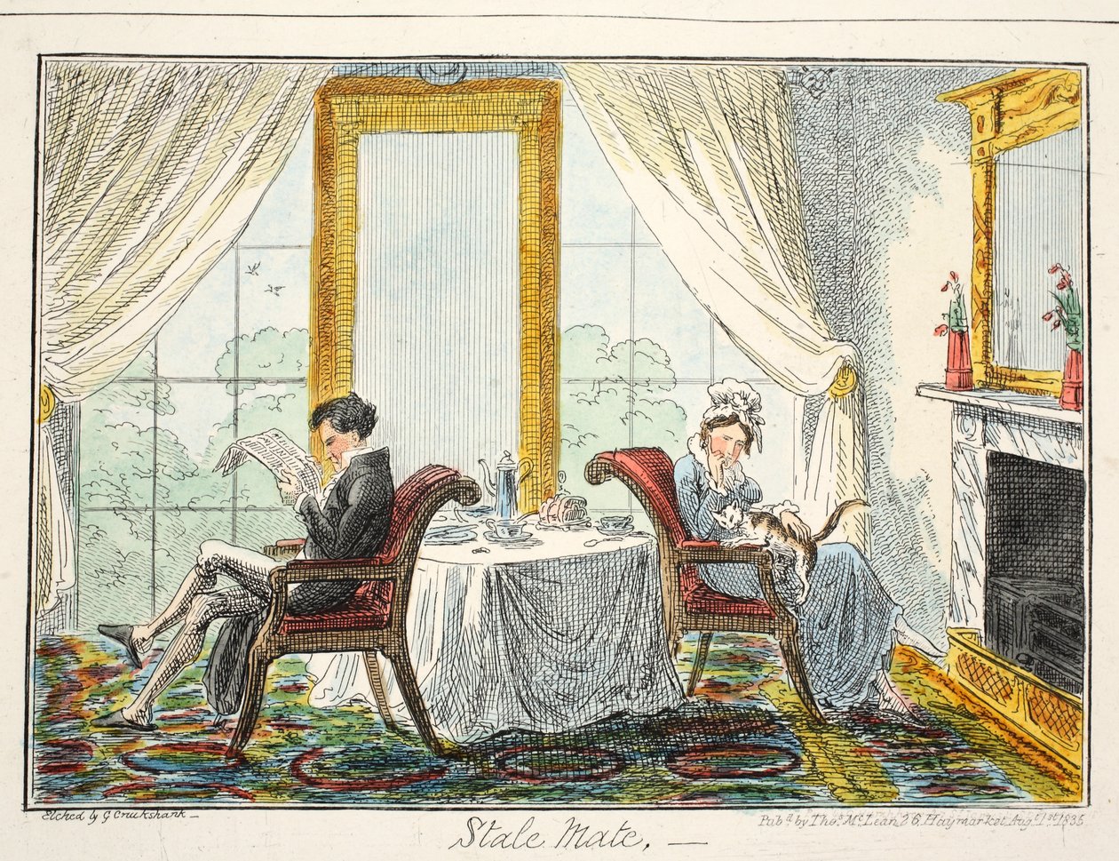Patstelling, pub. 1835 (handgekleurde ets) door George Cruikshank