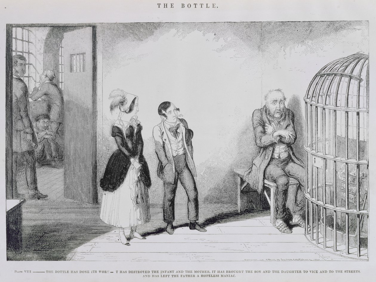 De Fles, Plaat VIII, De fles heeft zijn werk gedaan - het heeft de baby en de moeder vernietigd, het heeft de zoon en dochter naar de ondeugd en de straat gebracht, en heeft de vader hopeloos achte door George Cruikshank