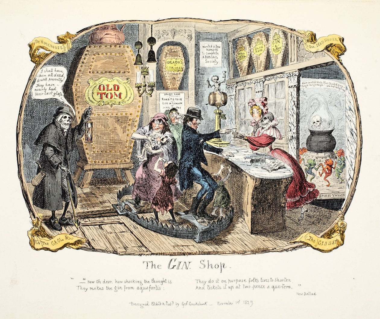 De ginwinkel, uitgegeven 1829 door George Cruikshank
