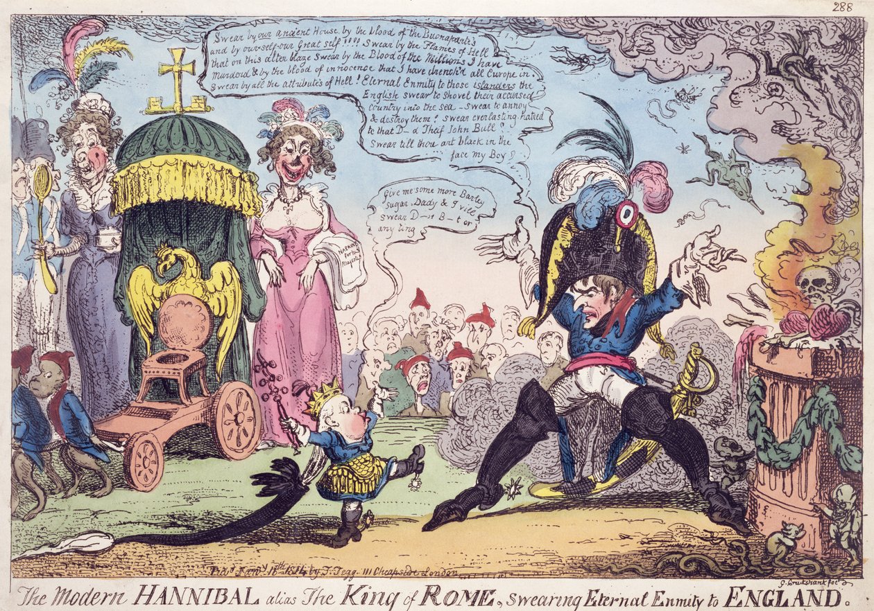 De koning van Rome, 1814 - cartoon met Napoleon en zijn zoon, Napoleon II, Roi de Rome door George Cruikshank