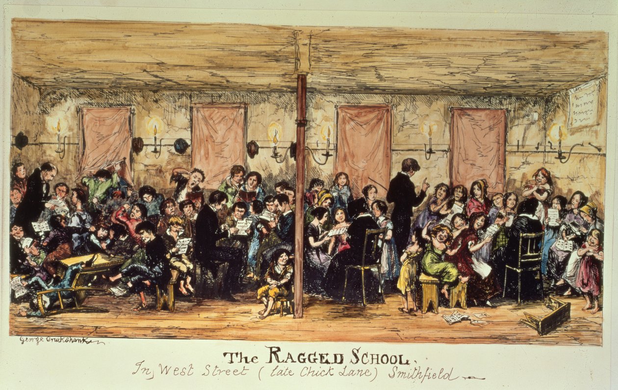 De lomschool, West Street (voorheen Chick Lane), Smithfield (prent) door George Cruikshank