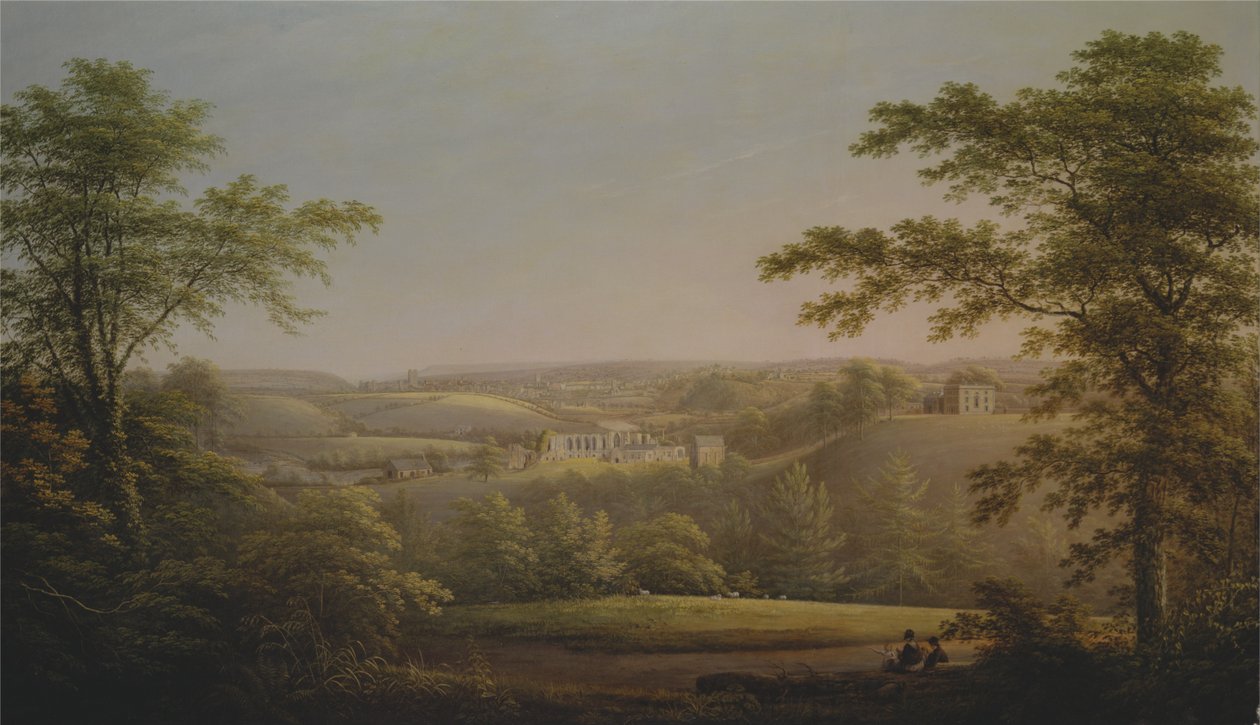 Easby Hall en Easby Abbey met Richmond, Yorkshire op de achtergrond door George Cuitt