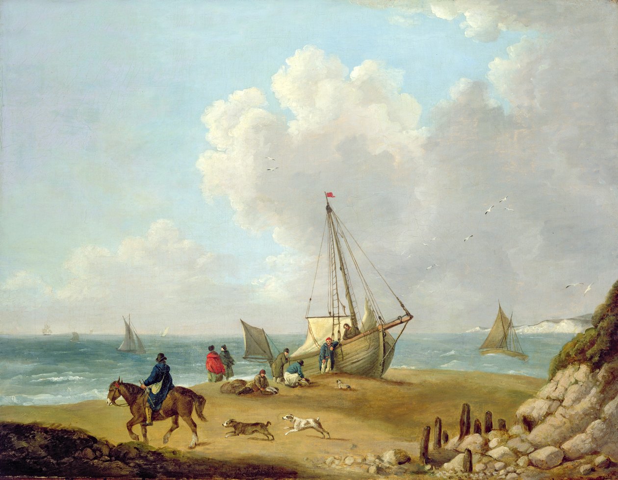 Vissers lossen hun vangst in Freshwater Bay, Isle of Wight door George Morland
