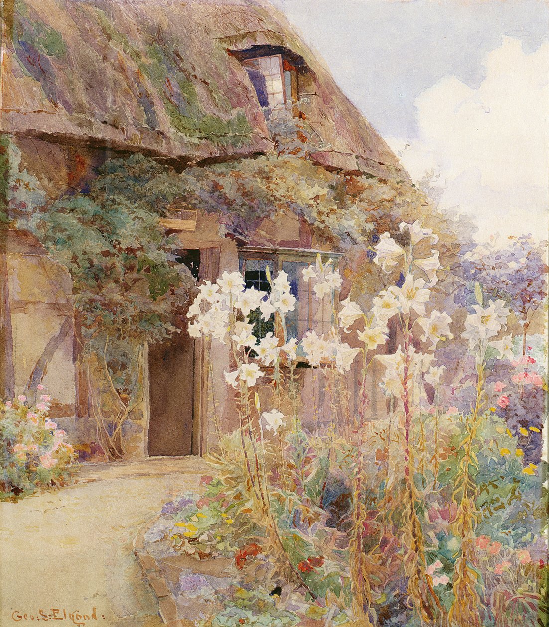 Een cottage tuin met Madonna lelies door George Samuel Elgood