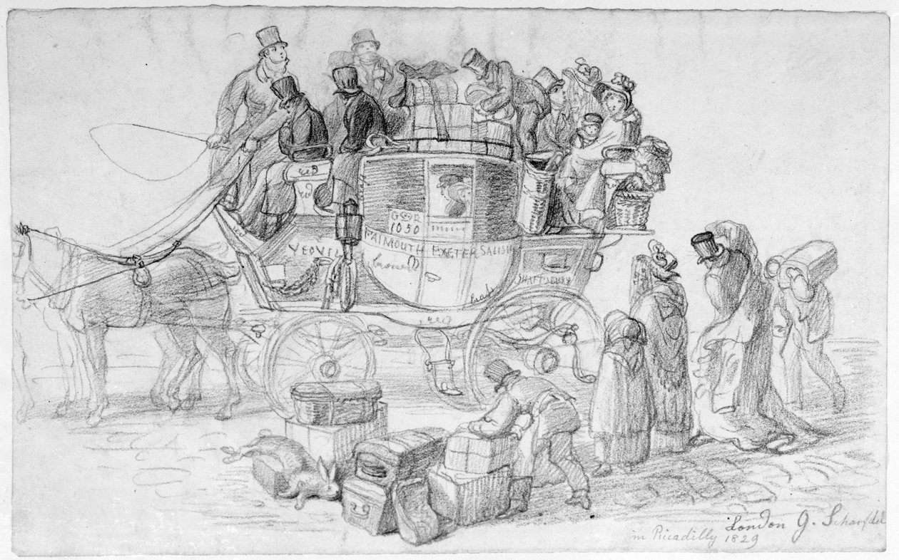 Een West Country postkoets vertrekt uit Piccadilly, 1829 door George Snr Scharf