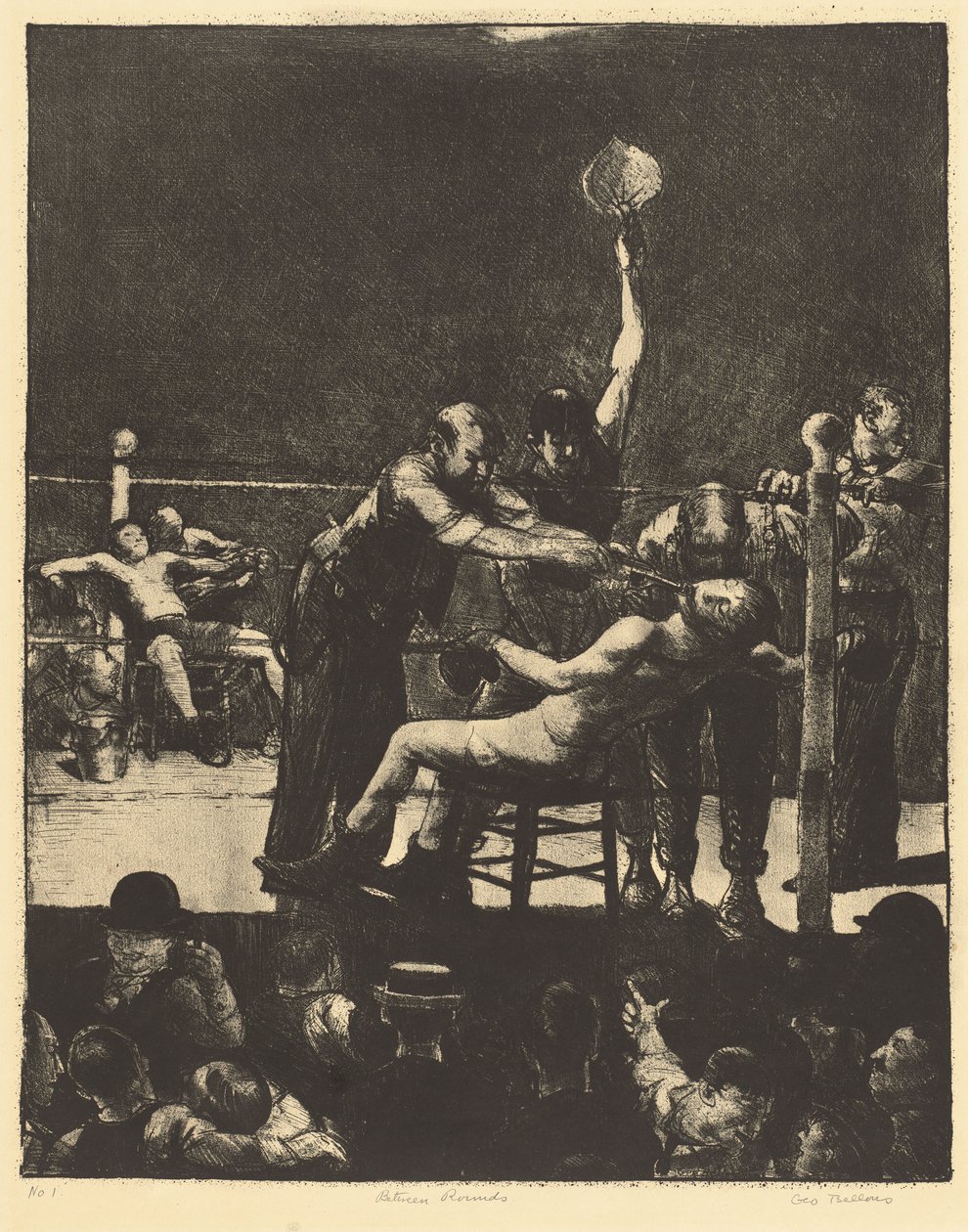 Tussen rondes, groot, eerste steen door George Bellows