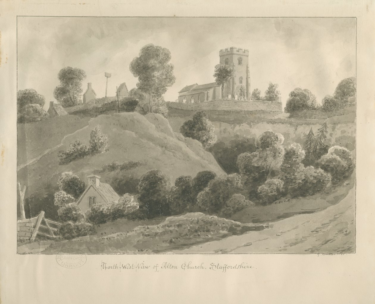 Alton Kerk: sepia tekening, 1841 door George Buckler